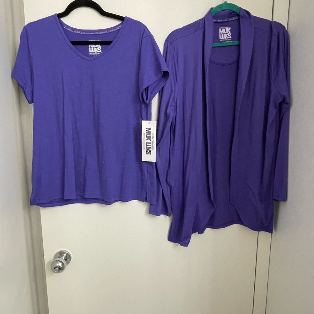 Muk Luks matching lounge tee and open cardigan